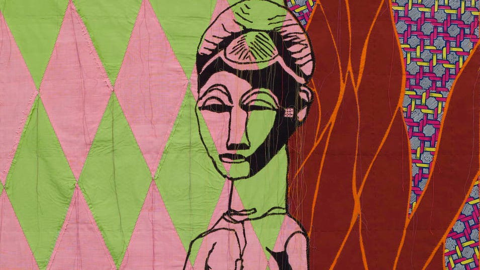 Outline of African figure on top of brightly colored patchwork and embroidered fabric