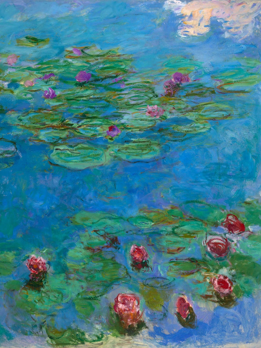 Painting of water lilies and pink flowers on blue water