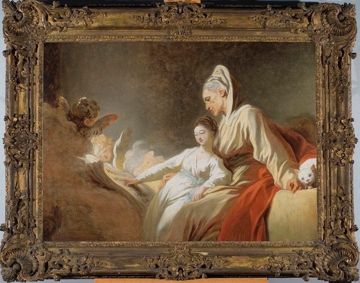 Painting of a woman and two children in a beautifully carved and gilded French picture frame from the 1730s