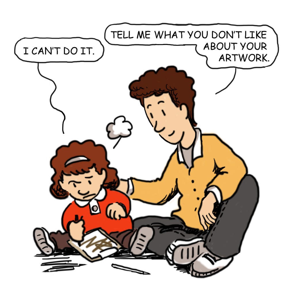 Drawing of child making art with parent
