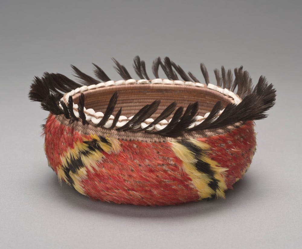 basket with shells and feathers