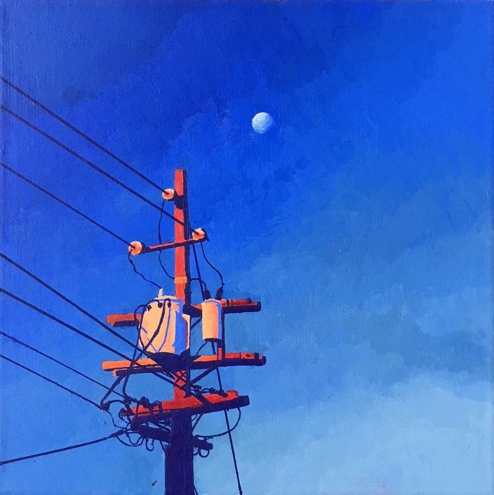 telephone pole and blue sky with moon