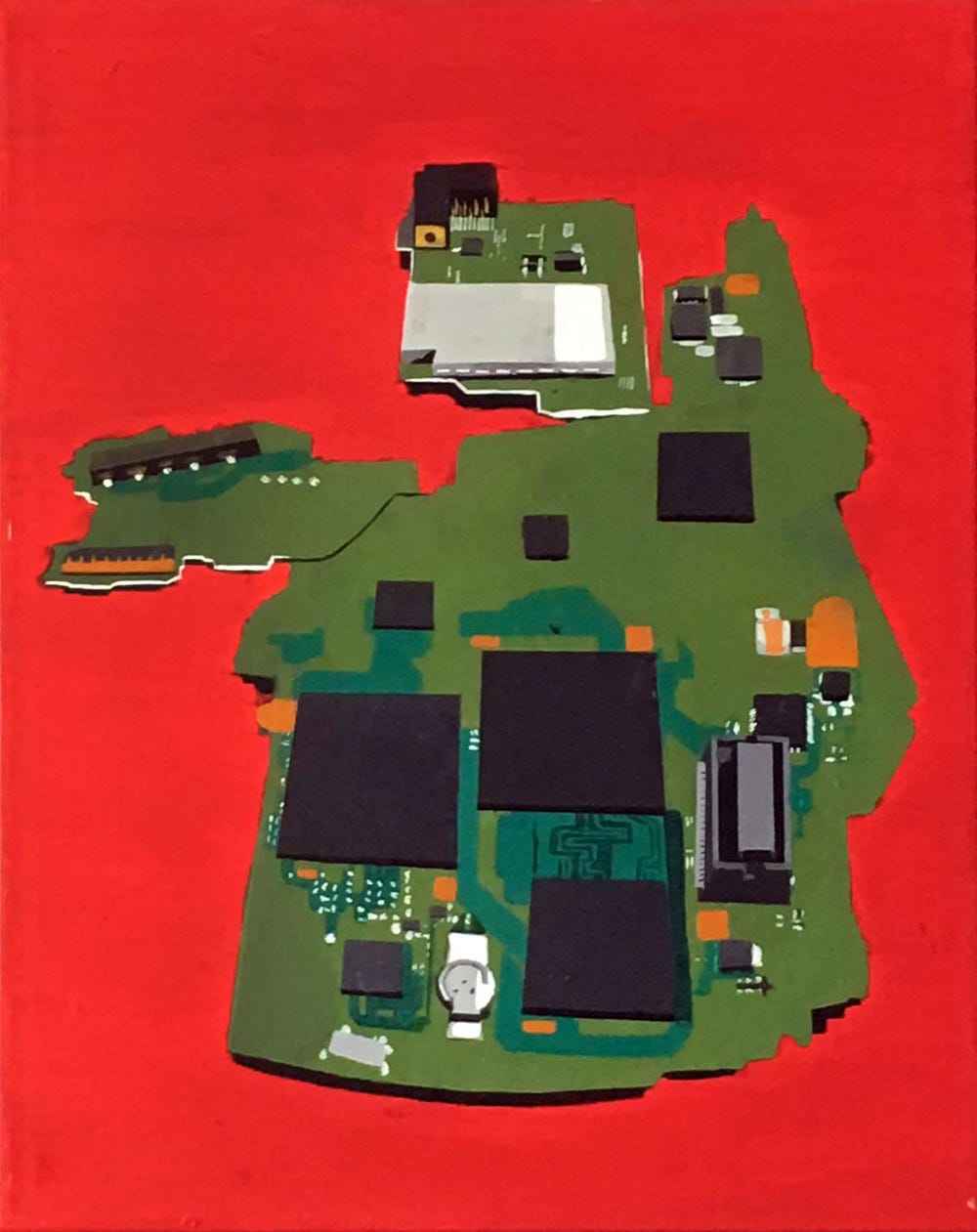 green computer circuit board on red background