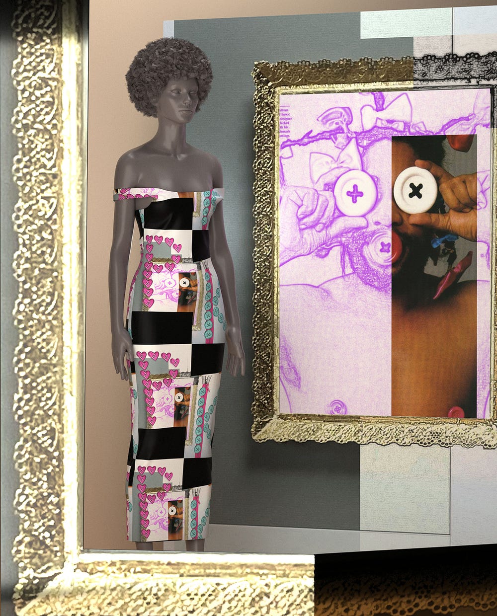 collage of Patrick Kelly photograph and mannequin surrounded by a gold frame