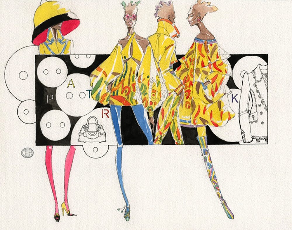 drawing of four women wearing yellow outfits