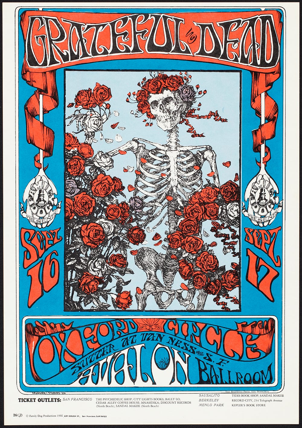 Red, blue, purple, and black drawn poster of skeleton surrounded by roses, holding a wreath of roses and wearing a wreath of roses.
