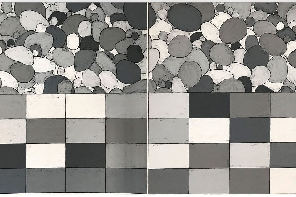 Black and white drawing of round and square shapes.