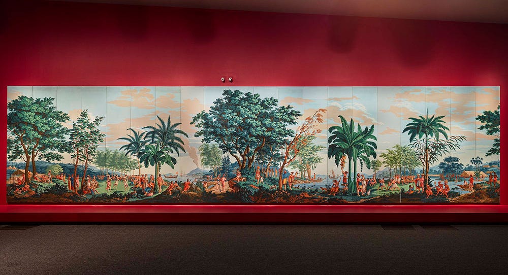 Panoramic wallpaper showing people and landscape of the South Pacific