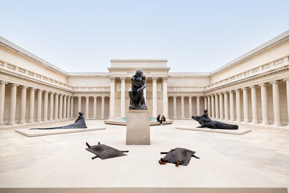 The Court of Honor at the Legion of Honor, showing The Thinker and Wangechi Mutu statues