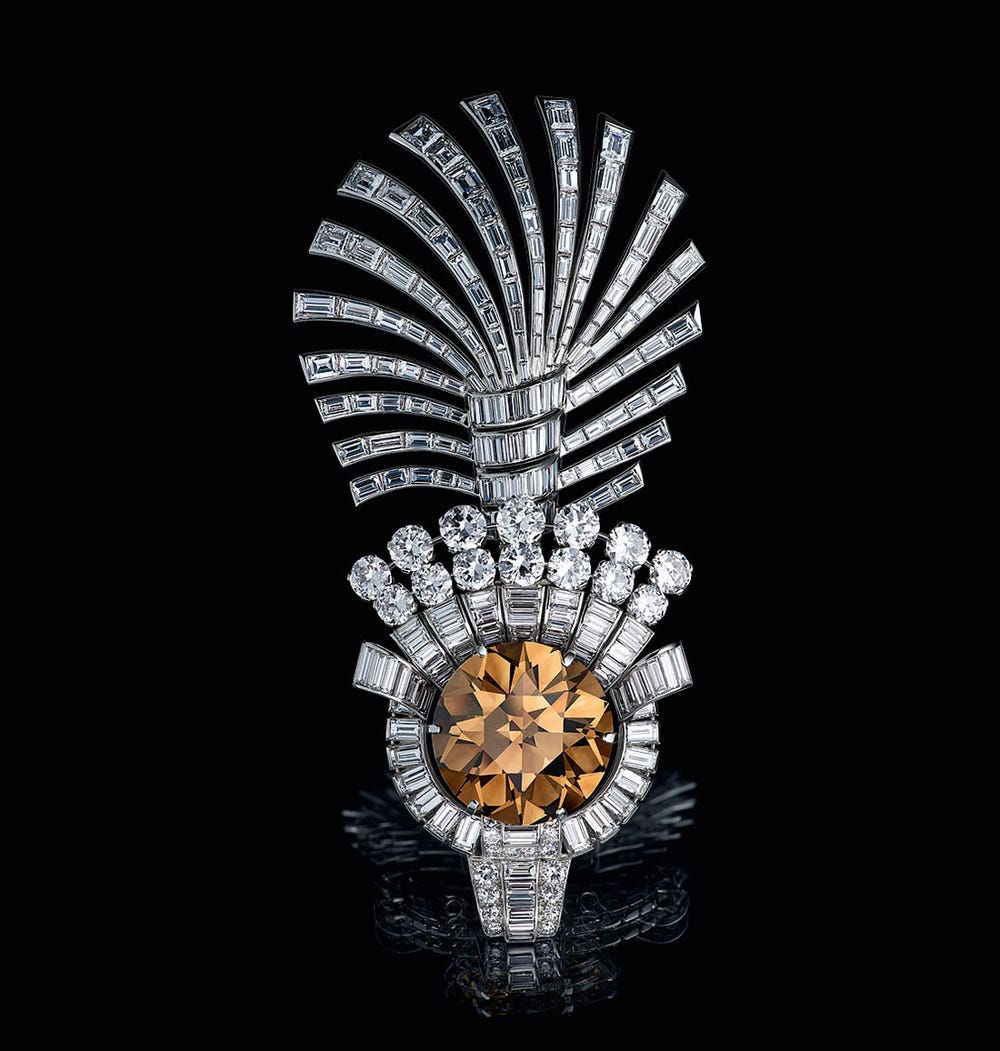 turban ornament with platinum, diamonds, and a brown center stone