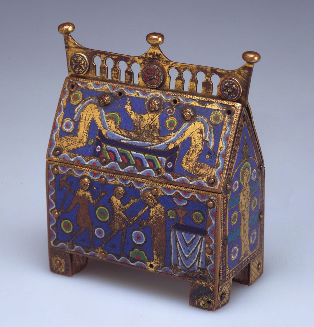 blue and gold object showing the martyrdom and entombment of St. Thomas à Becket
