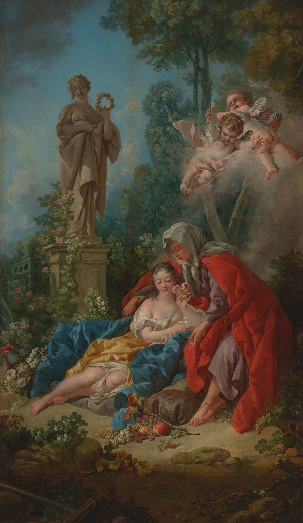 two women in brightly colored garments, one young and one old, with two cherubs above