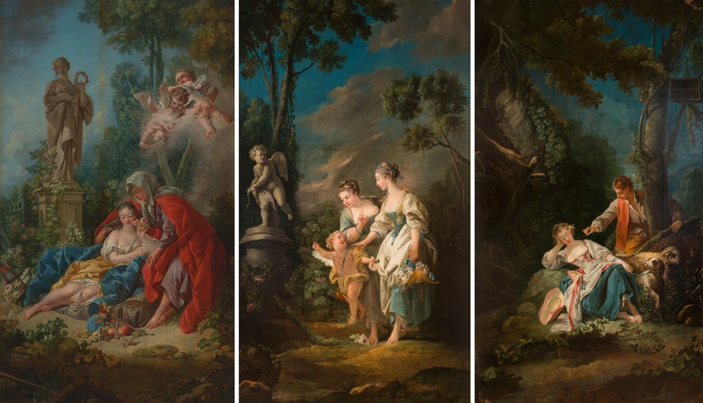 “Vertumnus and Pomona” with two of its associated paintings (the fourth painting’s location is unknown): “Evening” and “Love’s Offering,” both of Casa Labia, Muizenberg, South Africa. Photographs © Michael Hall Photography