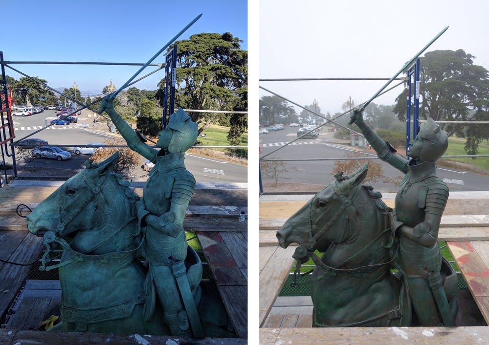 two views of Joan of Arc sculpture, before and after hot wax application