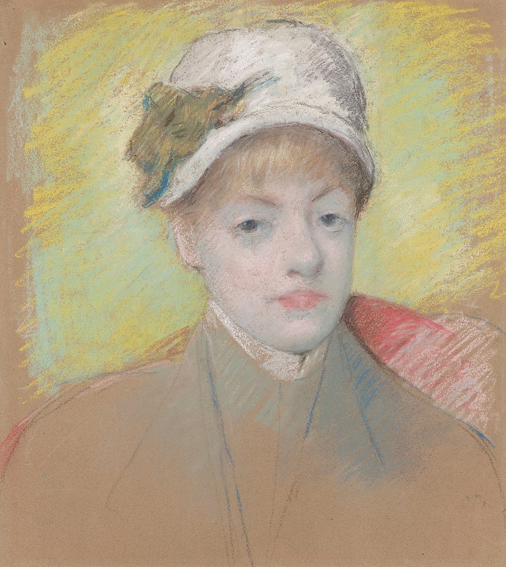 pastel of a woman in a white hat looking out toward the viewer, with a yellow background