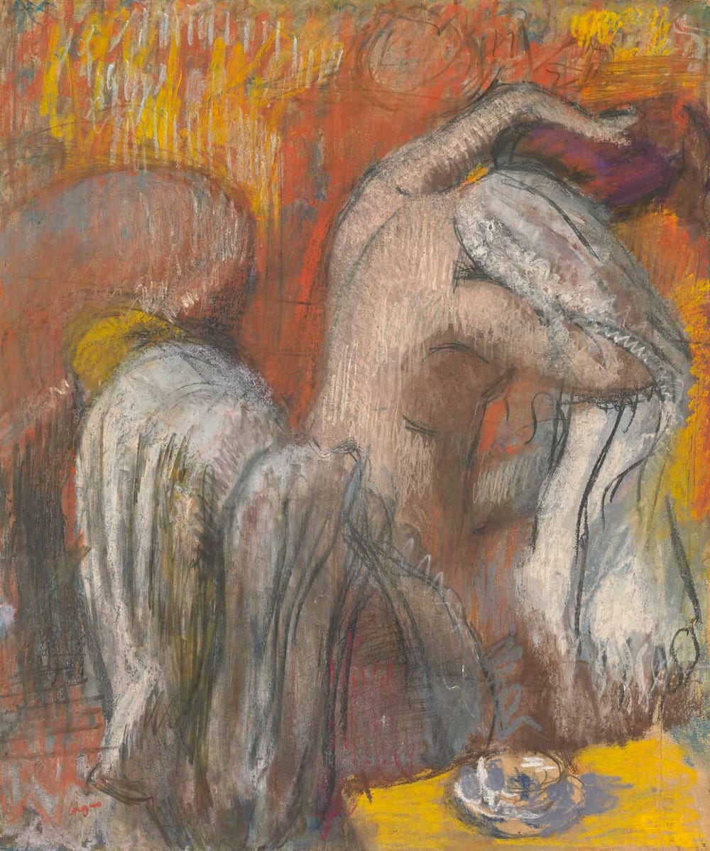 pastel of a seated woman facing away pulling a towel over her hair