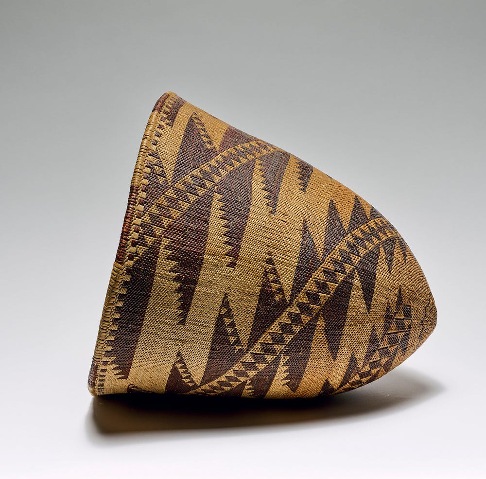 side view of a woven basket with a geometric design