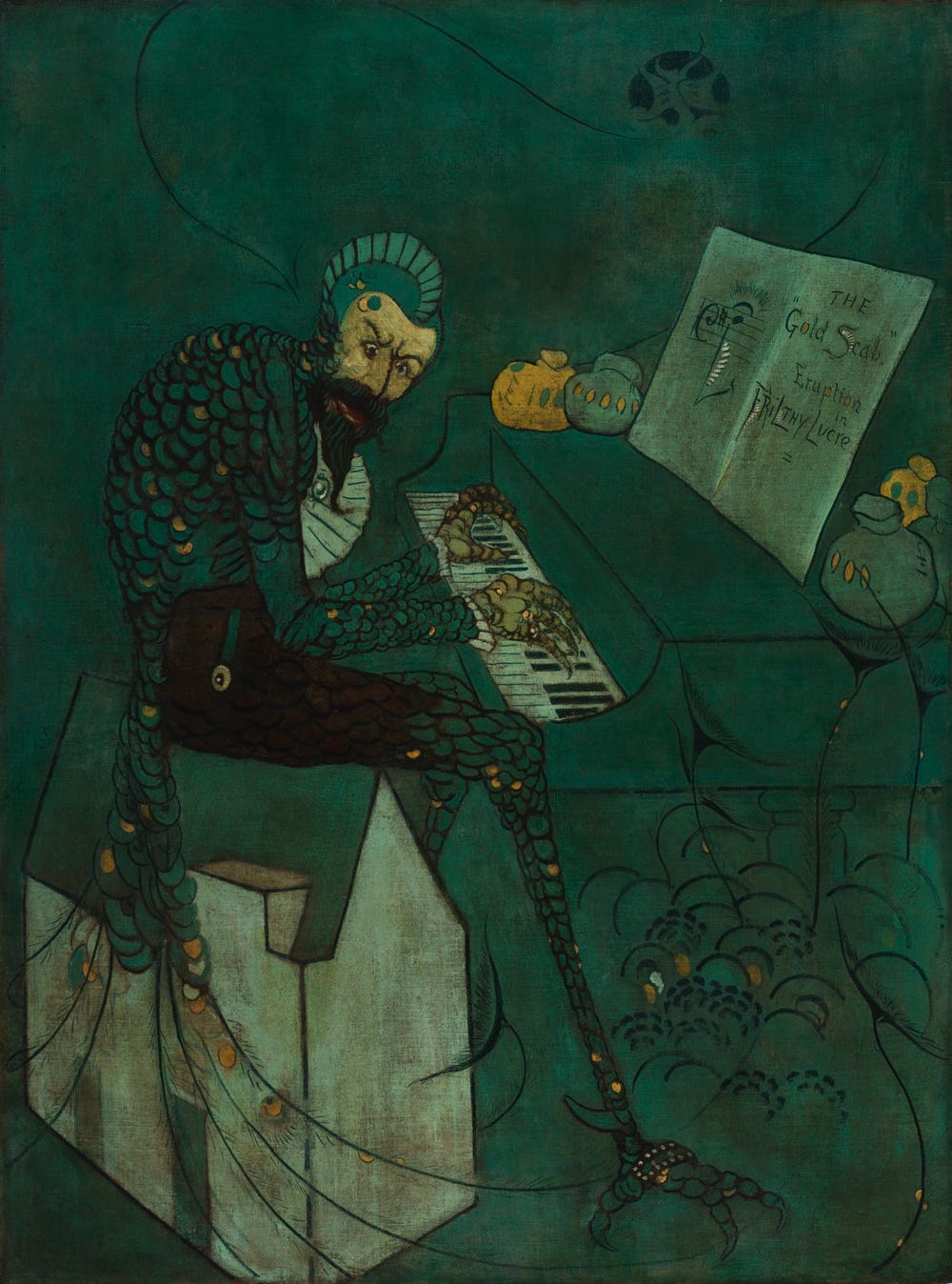 man with fish scales playing the piano