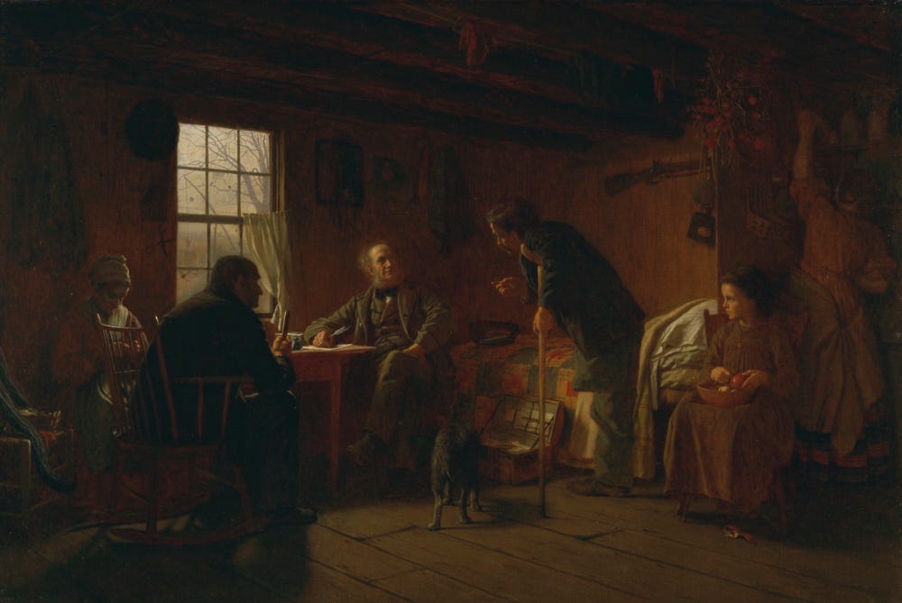 painting of a man with a crutch talking to another man at a table in a home with family