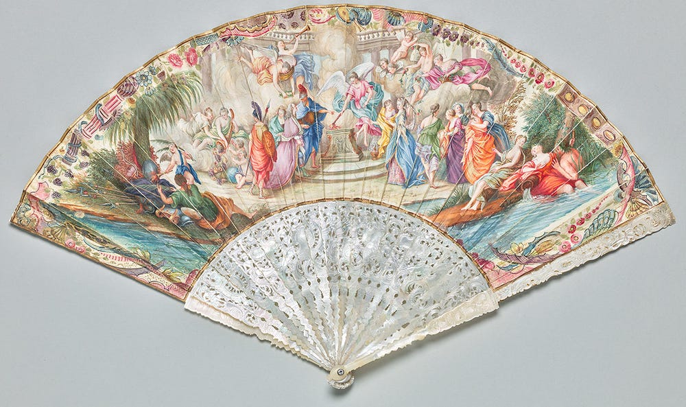fan depicting people and angels in colorful robes