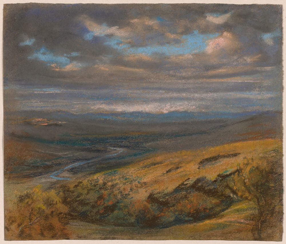pastel of a landscape with golden hills and clouds