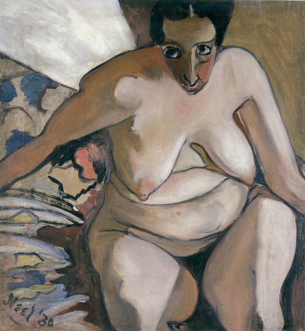 painting by Alice Neel of nude woman looking up