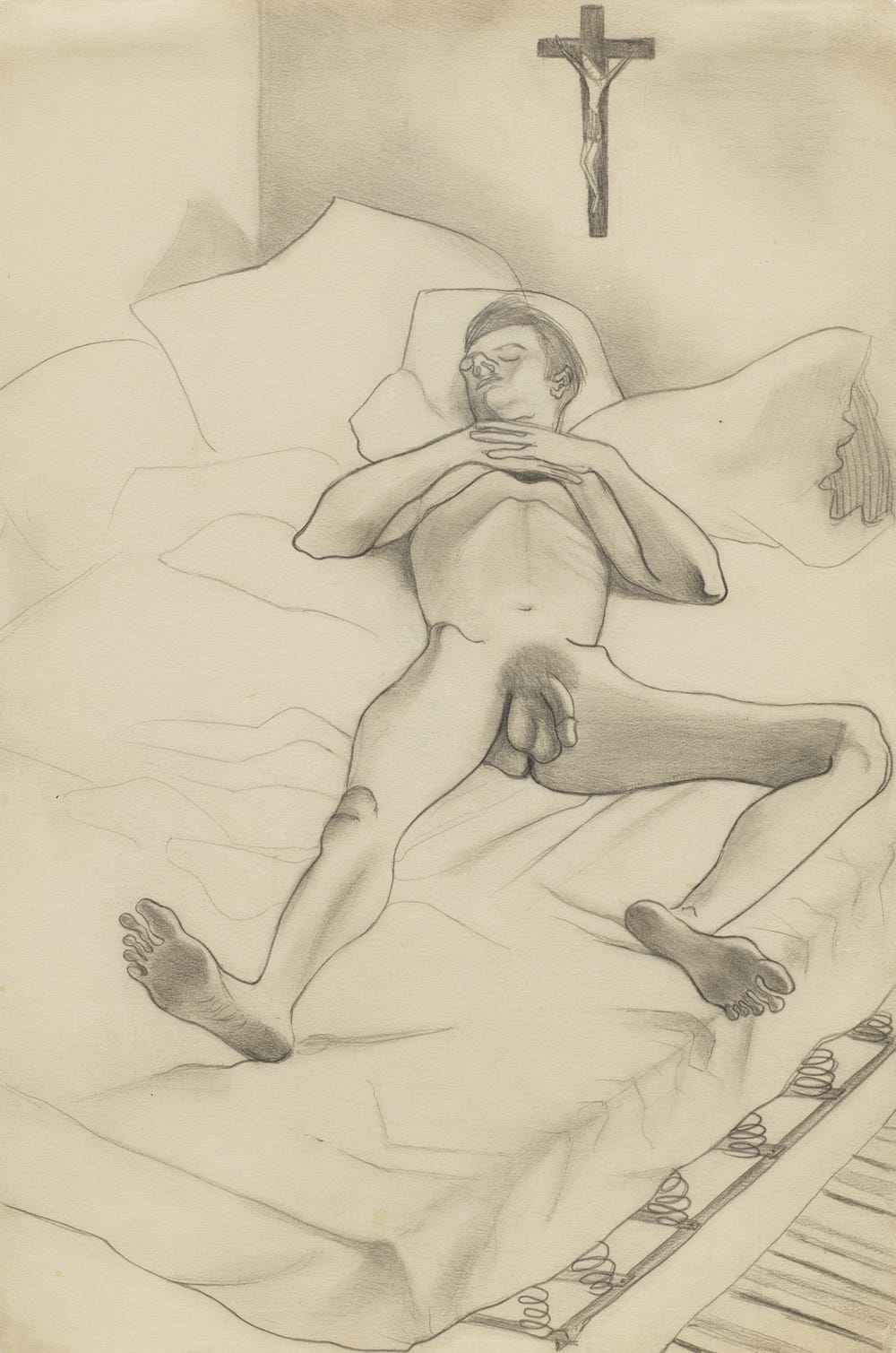 sketch by Alice Neel of nude man lying on a bed