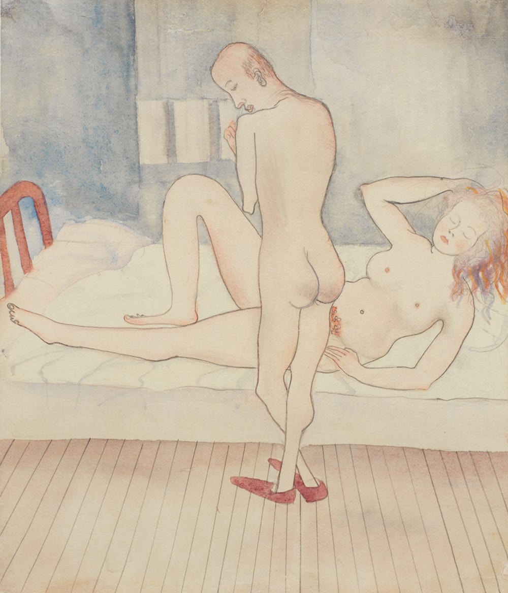 watercolor by Alice Neel of two nude people, one lying in bed and one standing up.