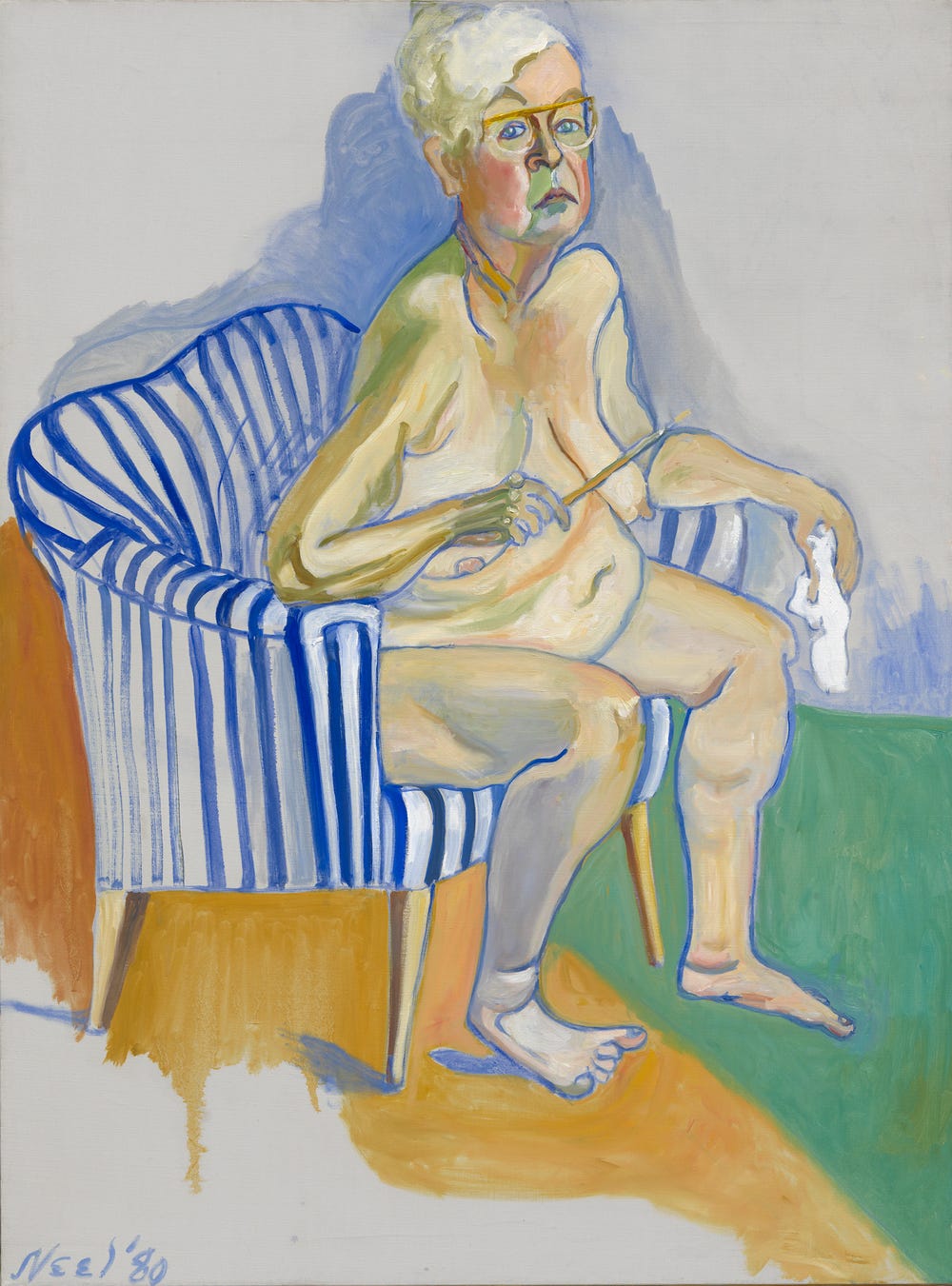 Alice Neel, nude, sitting in a blue and white striped chair