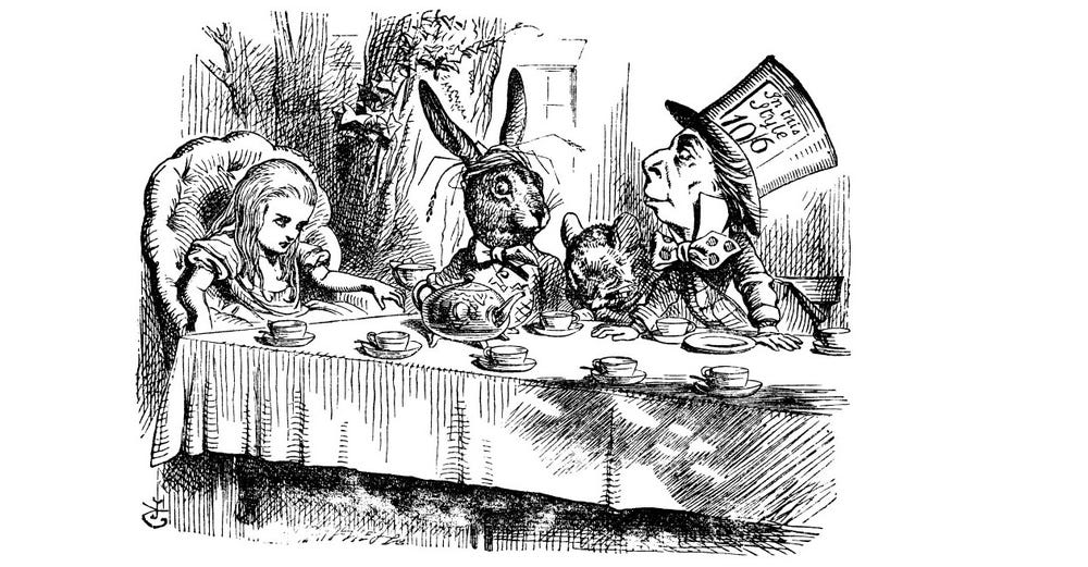 sketch of Alice, the White Rabbit, and the Mad Hatter at a tea party