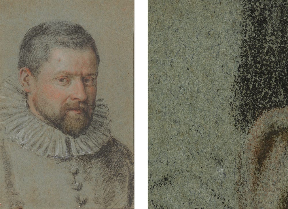 two images: one showing a portrait of a man in 15th century clothing, the other a detail showing the top half of the man's ear and portrait background