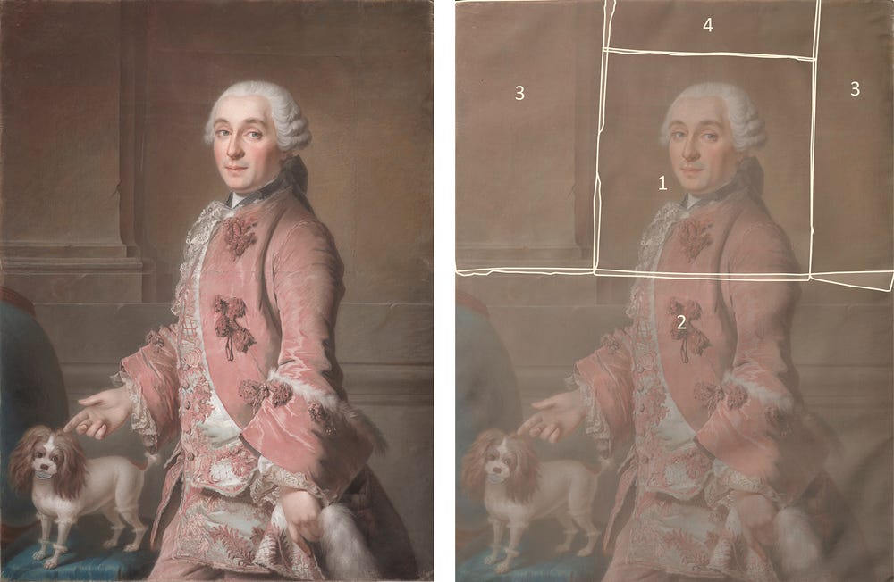 painting of a man in 17th century attire with his dog, next to same image with lines drawn overtop denoting segments of the painting
