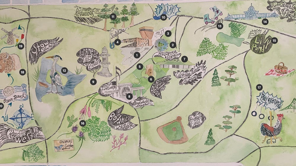 labeled, illustrated map of Golden Gate Park