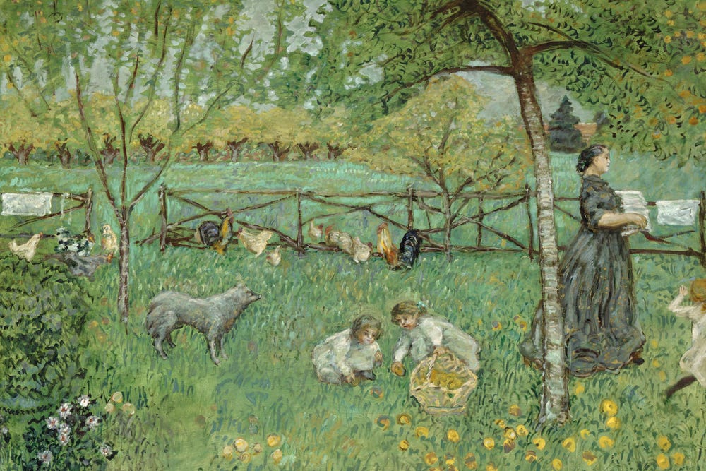 Painting of woman, children, and animals in lush green garden.