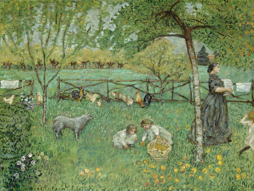 Painting of woman, children, and animals in lush green garden.