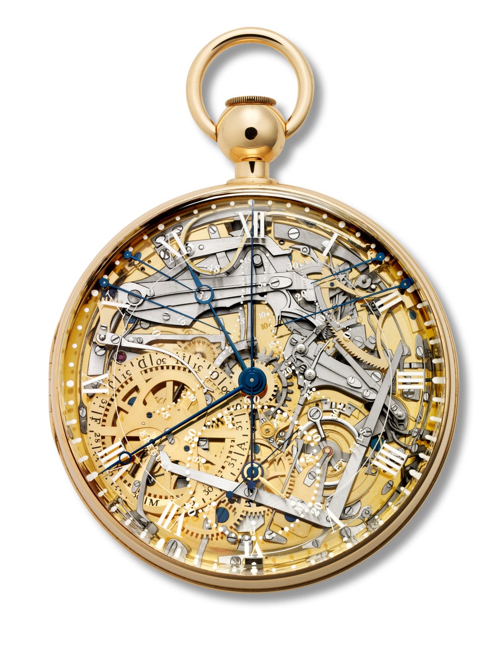 Photograph of intricate gold and silver pocket watch with visible gears.