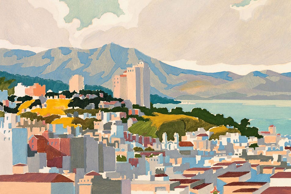 Painting of apartments and buildings in Russian Hill, San Francisco.