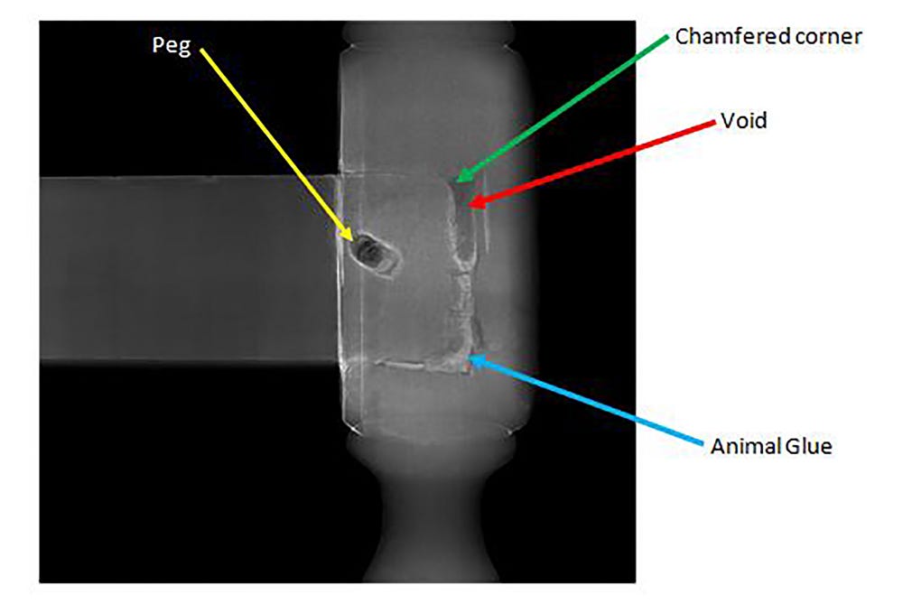 X-ray and labels for the peg, chamfered corner, and void