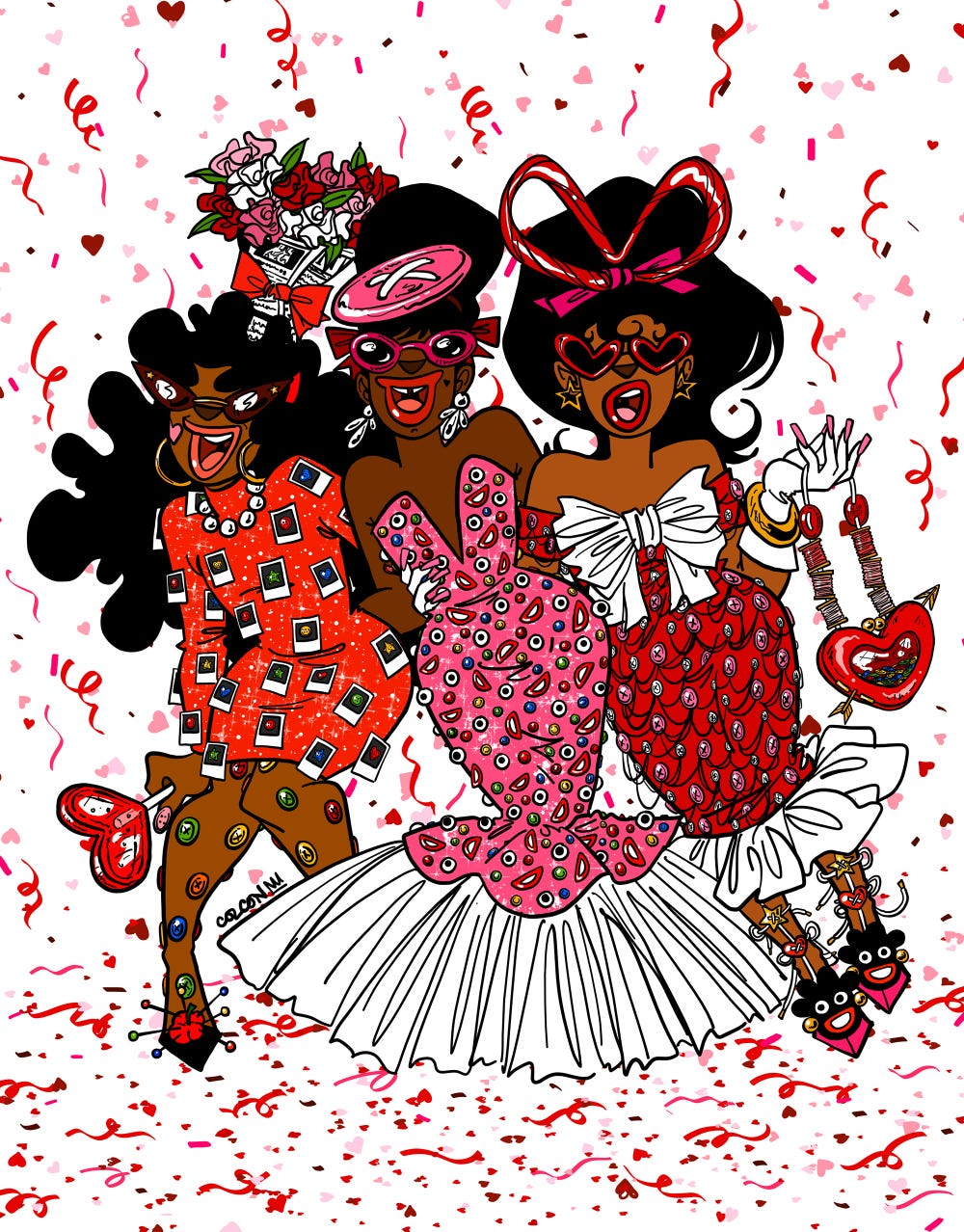 sketch of three women surrounded by pink and red confetti wearing pink and red outfits