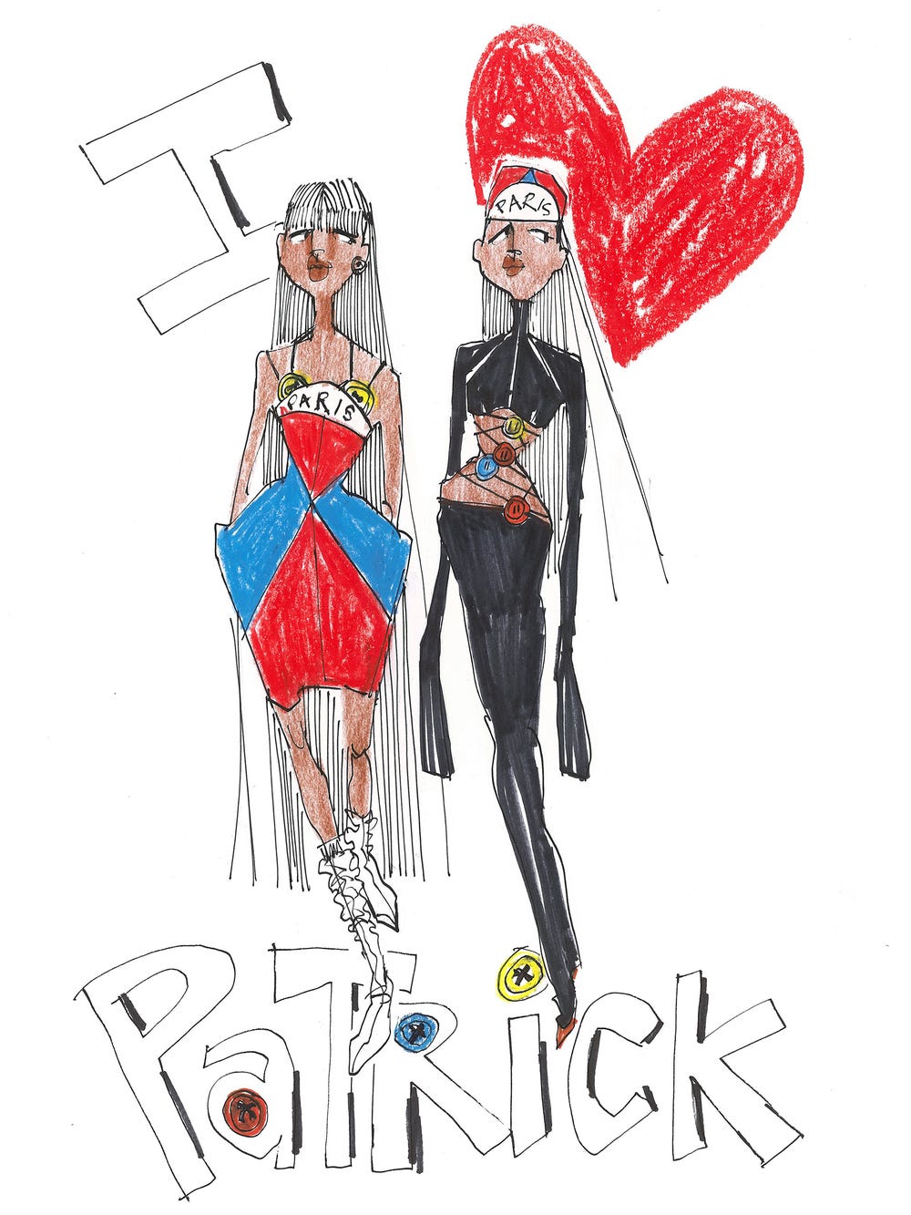 sketch of two women with block letters saying "I <3 Patrick"