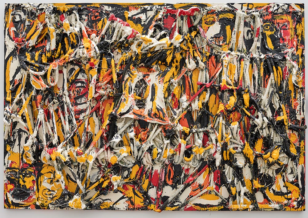 abstract artwork in yellow, red, black, and white