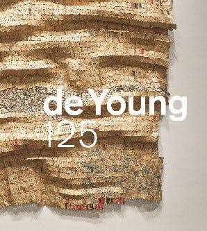 Book jacket featuring gold art on wall with "de Young 125" text