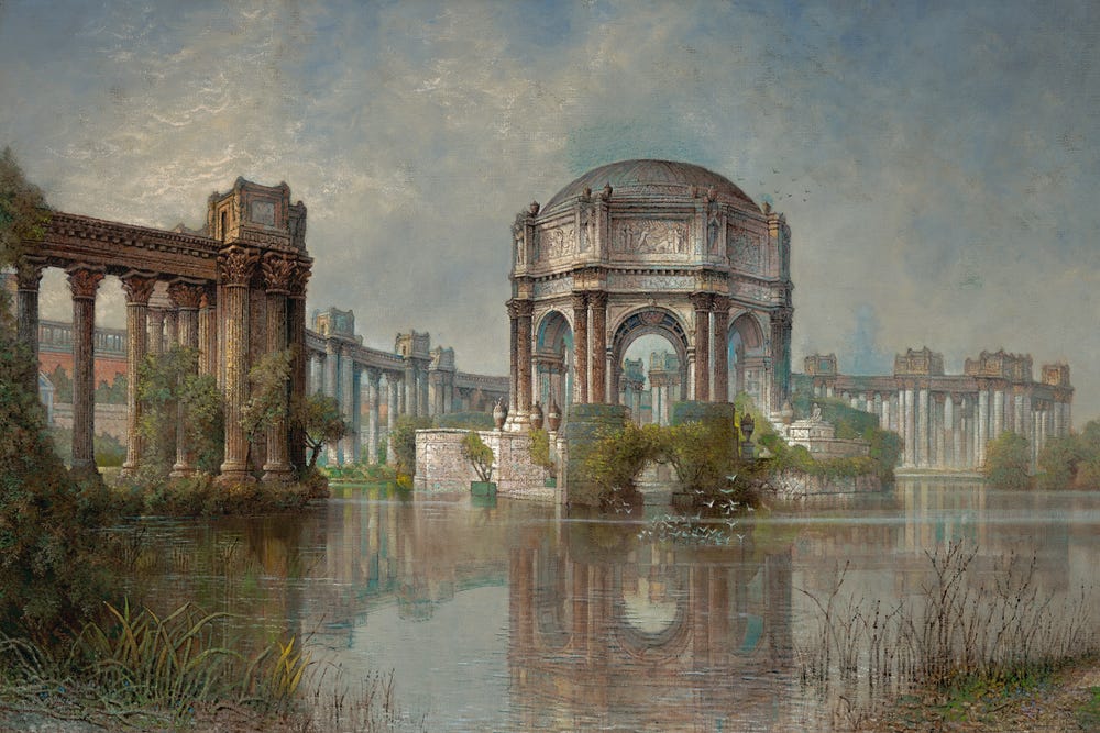 Painting of Palace of Fine Arts and surrounding structures in San Francisco.