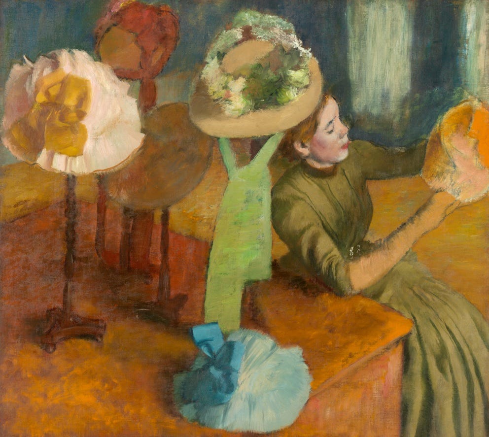 Painting of woman admiring hats in millinery shop.