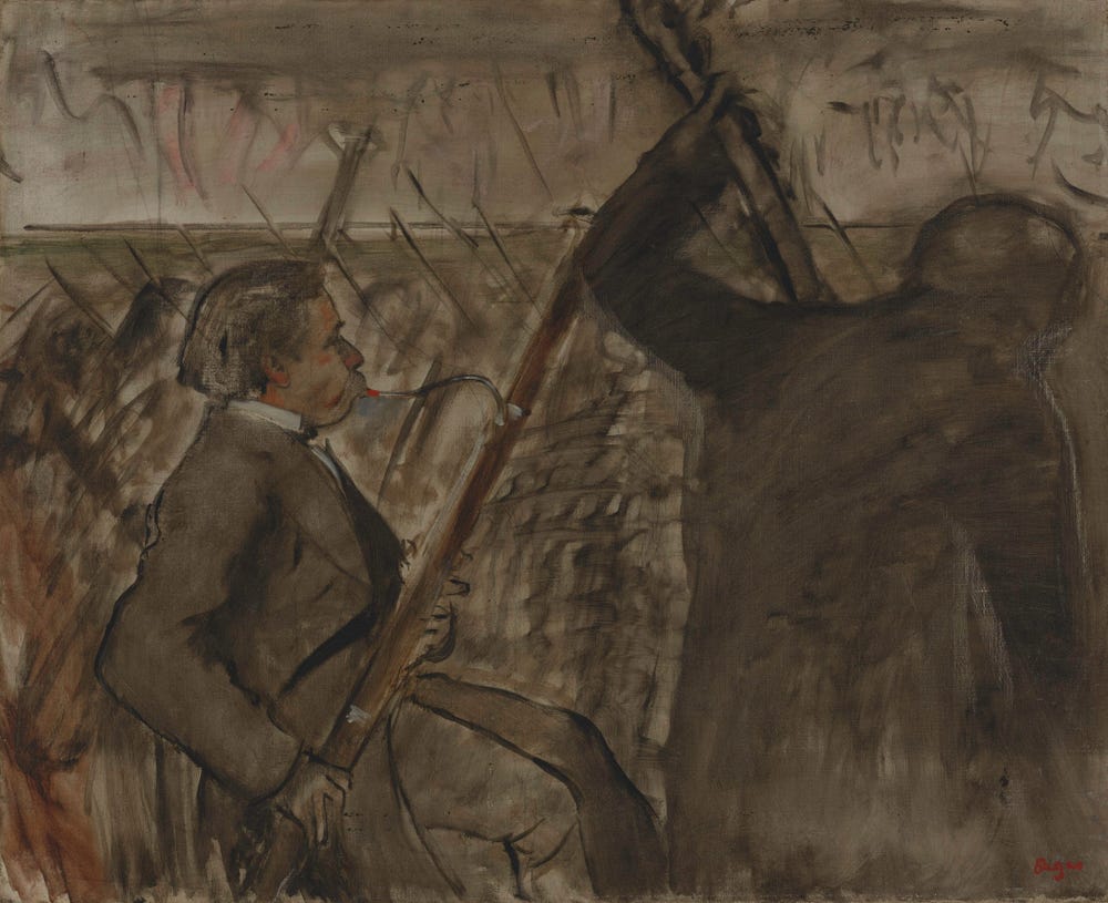 Edgar Degas, “Musicians in the Orchestra (Portrait of ,”Désiré Dihau),” ca. 1870