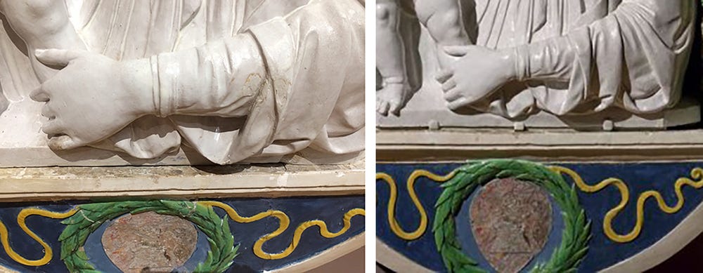 Details of bottom of Virgin Mary and Child relief before and after treatment