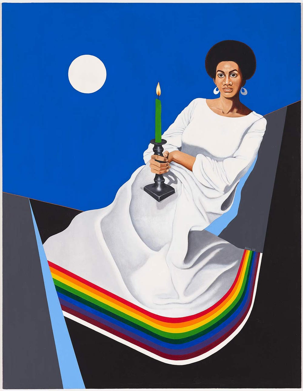 a young Black woman in a white dress with a rainbow at the bottom holding a green candle