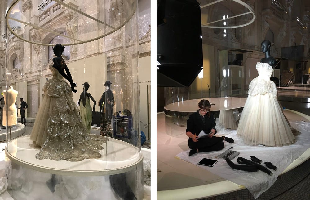 (L) “Venus” in Paris. (R) The condition of the dress is checked at every stage; here associate conservator Anne Getts documents the condition of the ensemble before it is packed for its return trip to San Francisco.