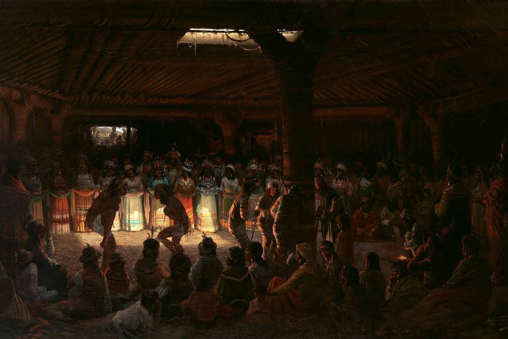 Elem Pomo ceremonial dance in an underground roundhouse