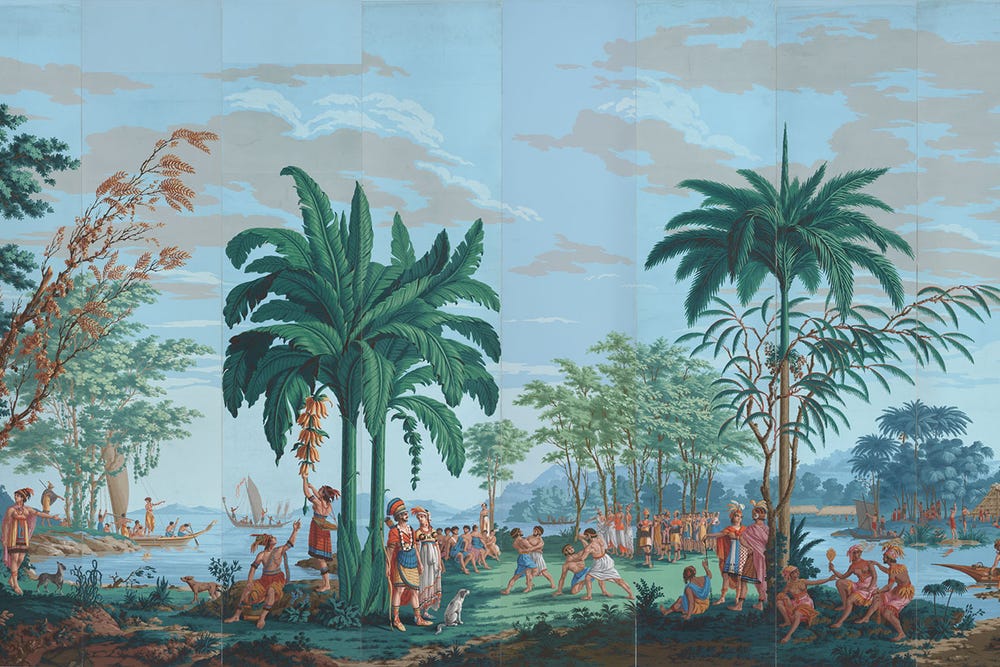 Pacific Islanders in a setting with tall trees and blue sky